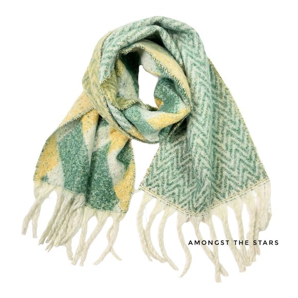 Green, Yellow & White Geometric Chevron Fringe Blanket Scarf - Picture 3 of 7